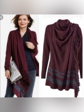 Cabi 3002 Port Fringe Long Sleeve Wrap Sweater- Sz Medium